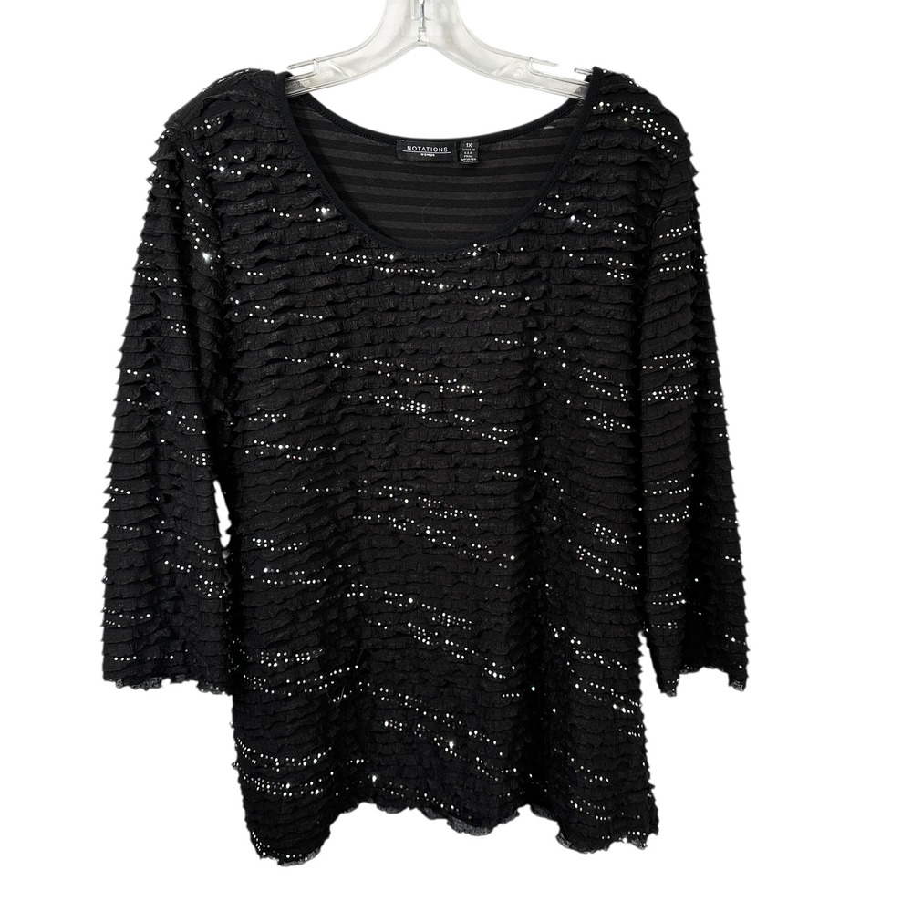 Notations Plus Size 1X Top Black Sequin Ruffle Office Sparkly Mature Goth 1786